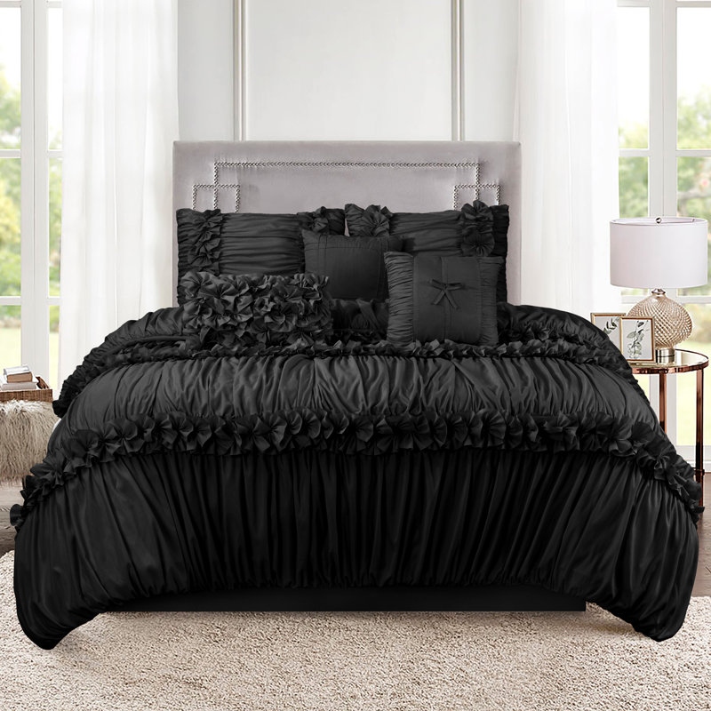 Farmhouse / Country Polyester Comforter, Queen Comforter + 6 Additional Pieces, Black