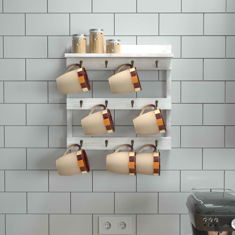 Wall Mount Coffee Mug Rack with Upper Storage Shelf, White Wash
