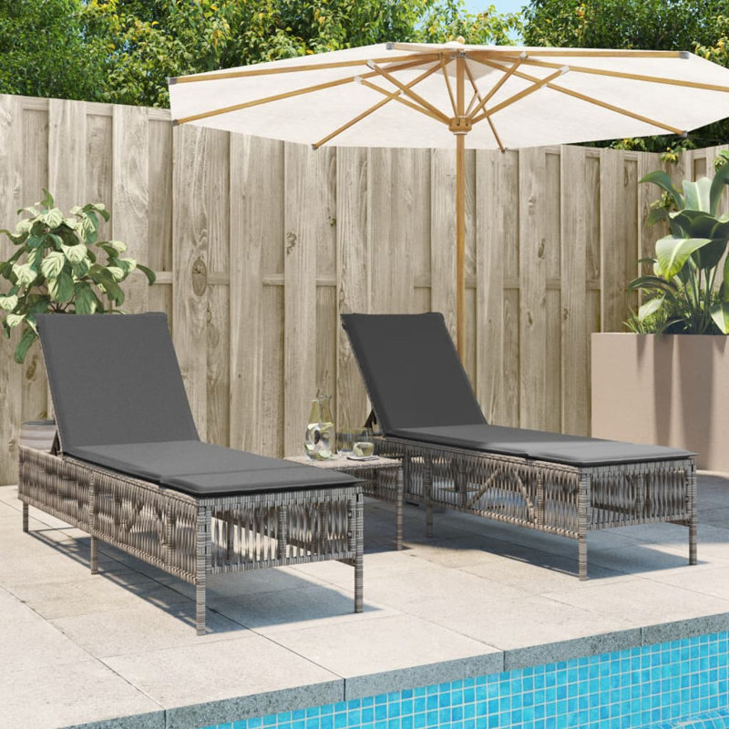  Ensemble de 3 chaises longues en rotin PE standard gris, Gris, Gris foncé