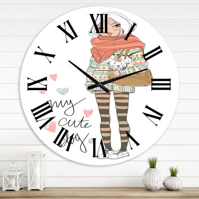 Jolie fille avec un chien - horloge murale Shabby Elegance