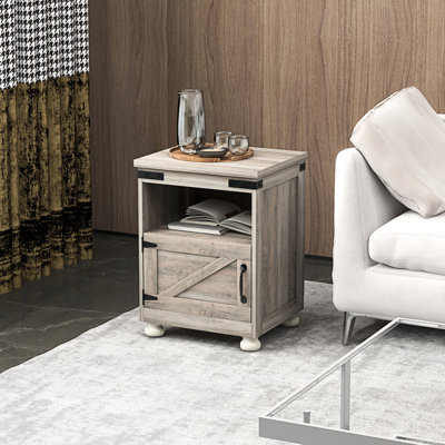 Table d'appoint avec rangement, gris. Table de bout moderne avec tablette et placard. Pieds en bois pour le salon. Fabrication. 17,7 po x 15,4 po x 23,6 po. Peut contenir 110 lb de rangement gris. Pieds ouverts et larges. Style stable