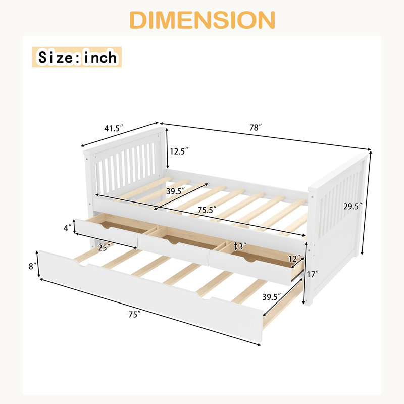 Twin Platform Bed With Drawers And Trundle, Solid Wood Daybed, No Spring Box Needed, White