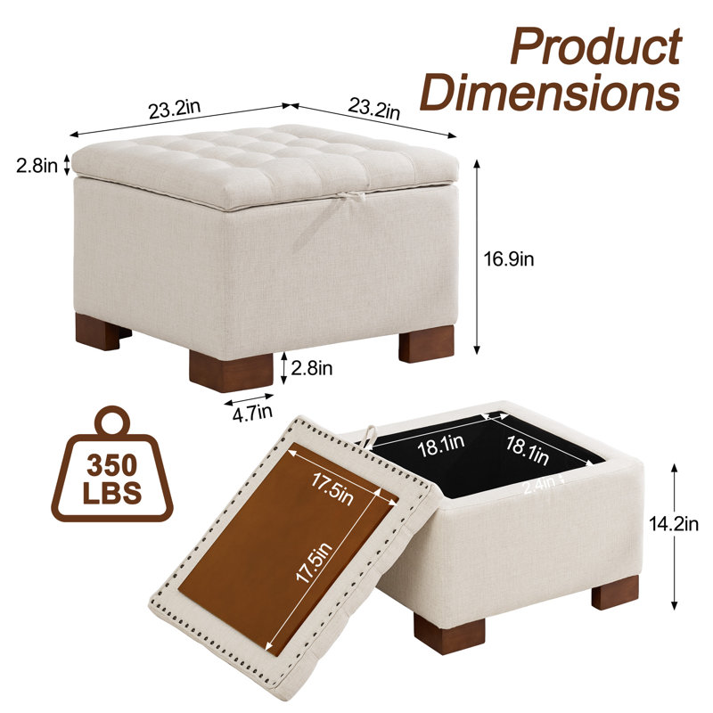 23.2’’ Wide Upholstered Tufted Square Storage Ottoman, Beige