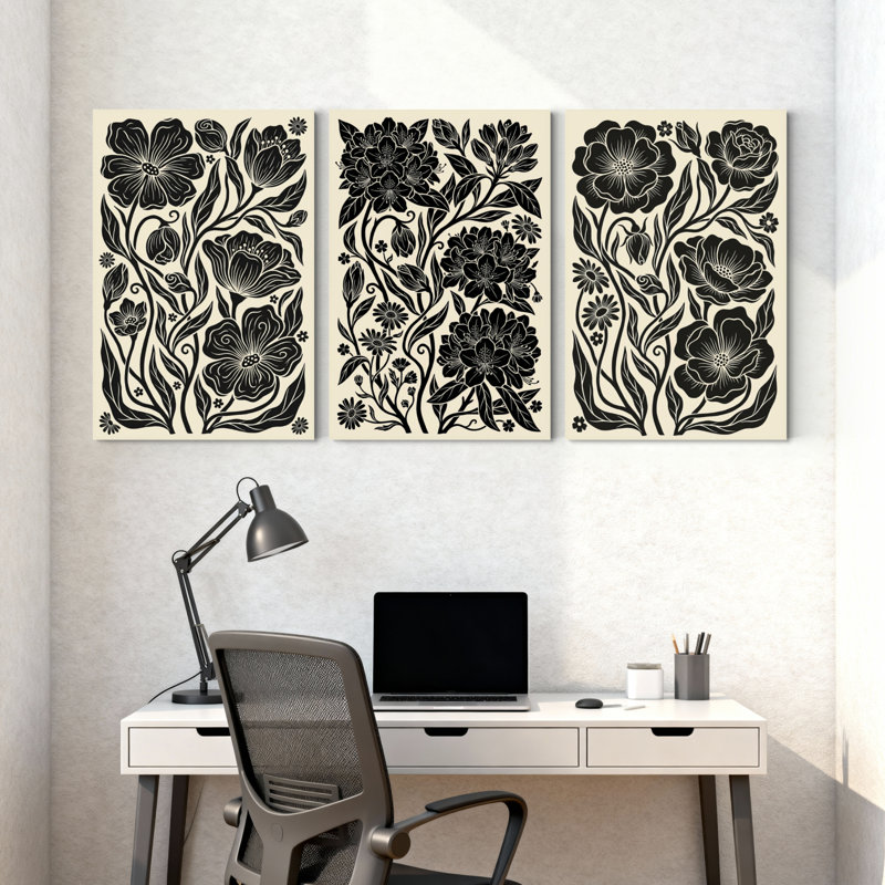 Plantes et fleurs, motif floral noir sur fond crème, ensemble de 3 impressions murales sur toile, H 30 po x l 60 po