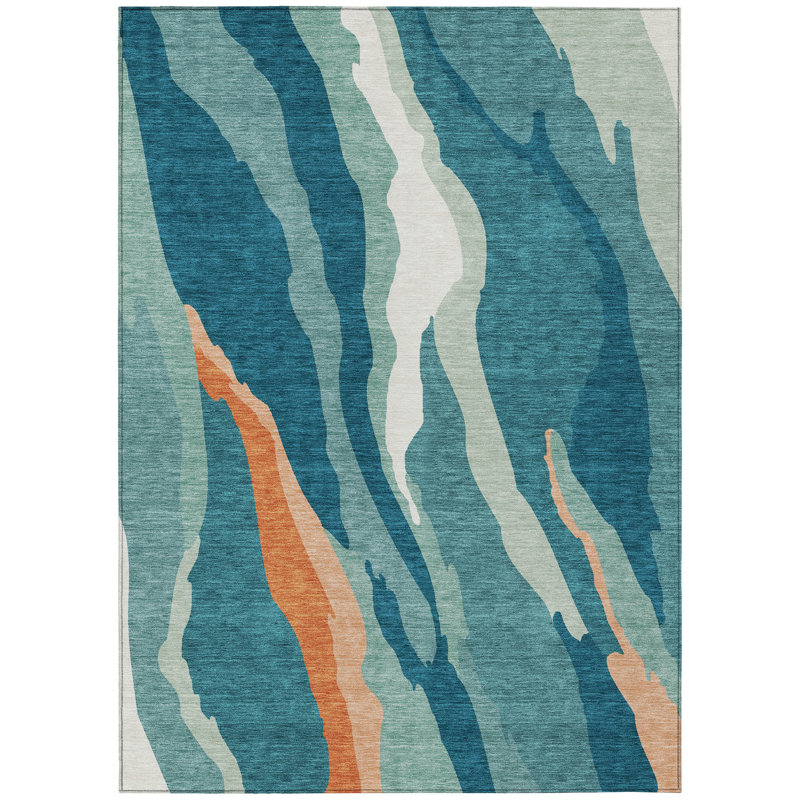 Teal and Orange Abstract Washable Synthetic Area Rug