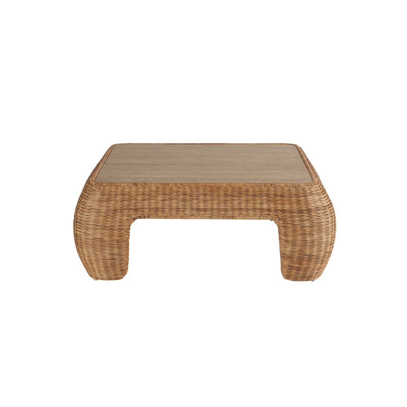 Natural Rattan Square Coffee Table with Travertine Top