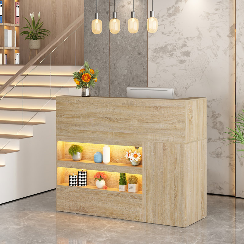 55" Reception Desk with LED Lights, Double-Layer Display Rack, L-Shaped Front Desk Reception Room Table Drawer With Lock