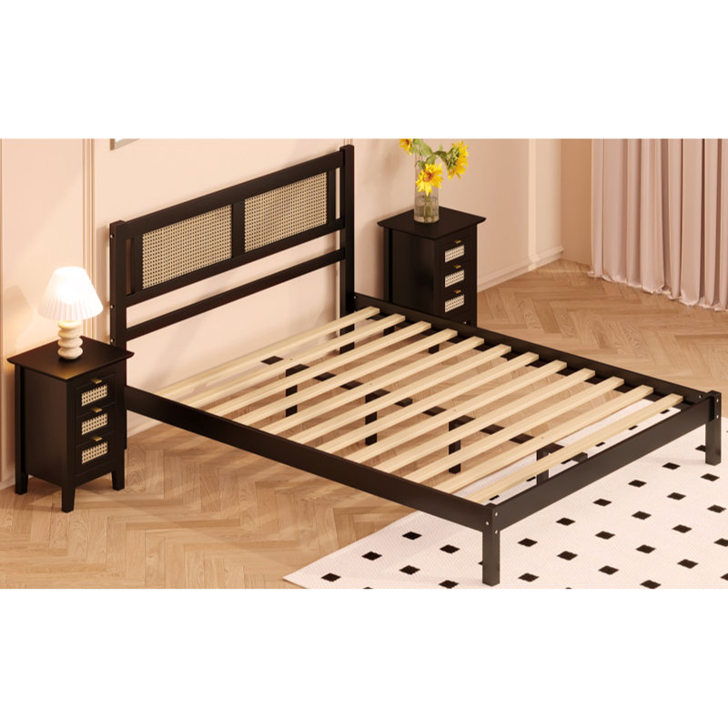 Wooden Platform Bed with Natural Rattan Headboard,Elegance with Minimalist Charm for Bedroom, Full, Black