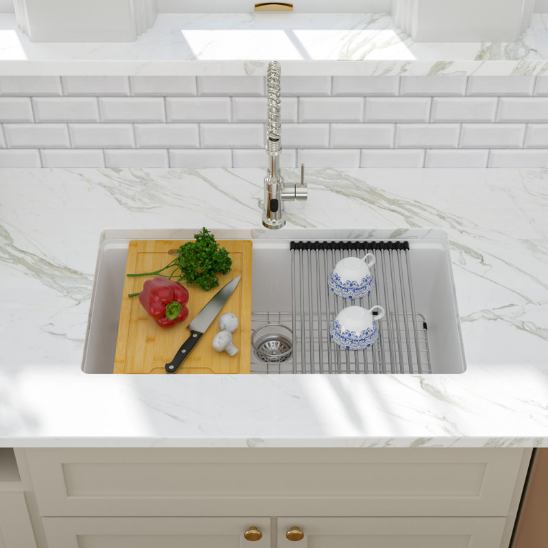 30''L x 19''W Quartz Undermount Workstation Kitchen Sink, White Granite Composite Single Bowl Kitchen Sink with Sink Grid, Strainer, Cutting Board and Roll-up Rack