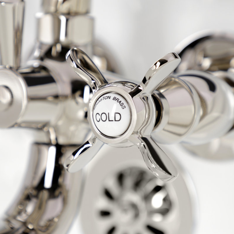 Kingston Brass Essex Three-Handle 2-Hole Tub Wall Mount Clawfoot Tub Faucet with Handshower, Polished Nickel