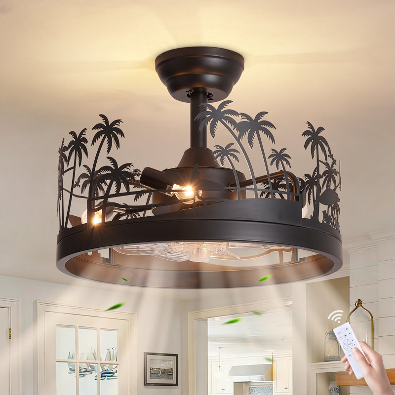 17.7" 4-Light Black Wagon Wheel Chandelier Ceiling Fan Light, Tropical Palm Design with Remote Control and Quiet DC Motor, Height Adjustable