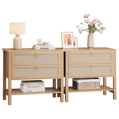 Mid Century Modern Rattan Nightstands Set of 2 – Narrow Wooden Bedside Tables with Drawer and Storage Shelf – Ideal for Bedroom or Living Room – Cherry Wood