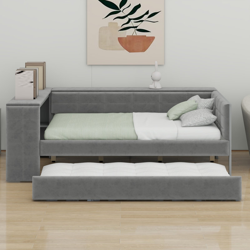 Lit plateforme tapissier avec tablettes de rangement, bureau, station de charge et lit gigogne, Gris