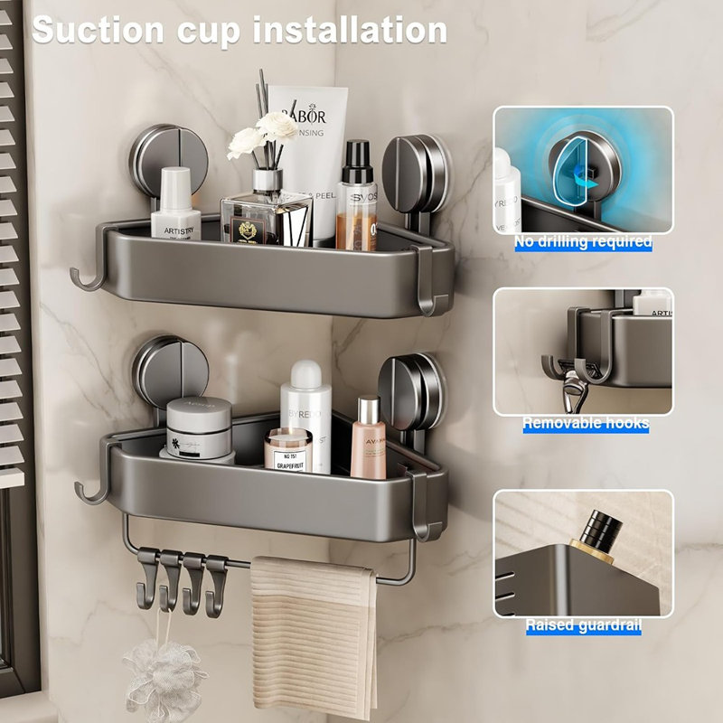 Suction Cup Shower Caddy Corner - Gray - 2-Pack No-Drill Rustproof Organizer With Towel Holder & Hooks, Removable Bathroom Storage Rack