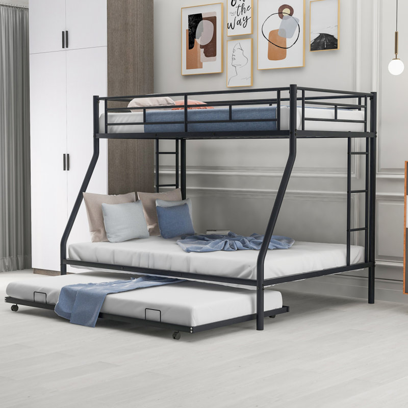 Twin Over Full Bunk Bed With Trundle And Two-Side Ladders, Black