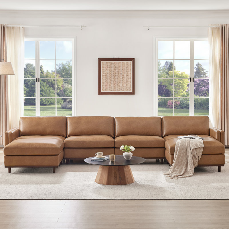 Laima 6-Piece 153"W Faux Leather U-Shaped Modular Sectional Sofa With 2 Ottomans