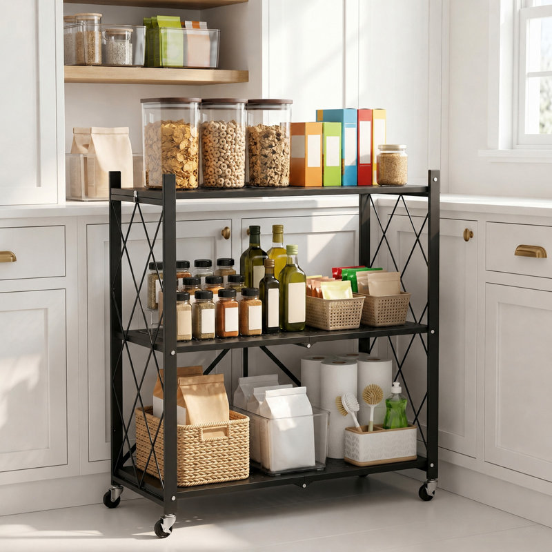 Étagère de rangement pliable à 3 niveaux avec roulettes verrouillables, étagère roulante