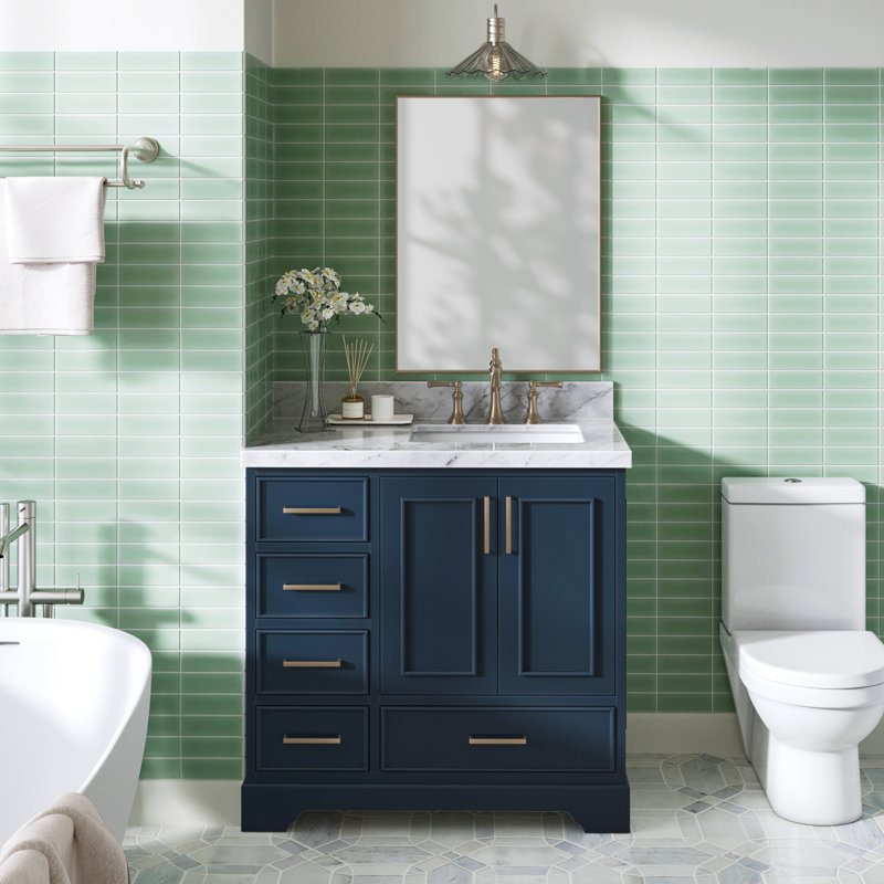 37'' Single Bathroom Vanity with Carrara Marble Top, Midnight Blue