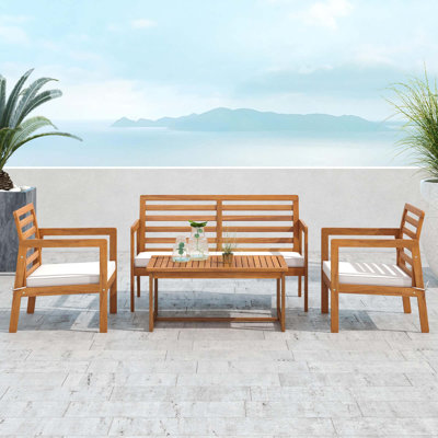 4 Pcs Patio Furniture Set With Acacia Wood Frame Cushions And Coffee Table by Winston Porter