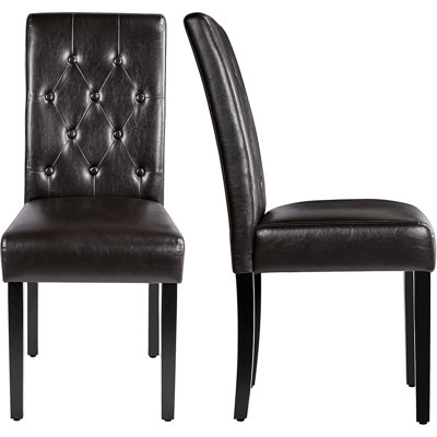 Upholstered Parsons Dining Chairs, Button-Tufted High Back, Solid Wood Legs, Brown, Set Of 2