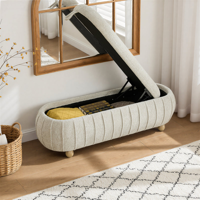 Banc de rangement moderne capitonné de 55 po de largeur avec couvercle rabattable et pieds en bois d'hévéa, Light Camel