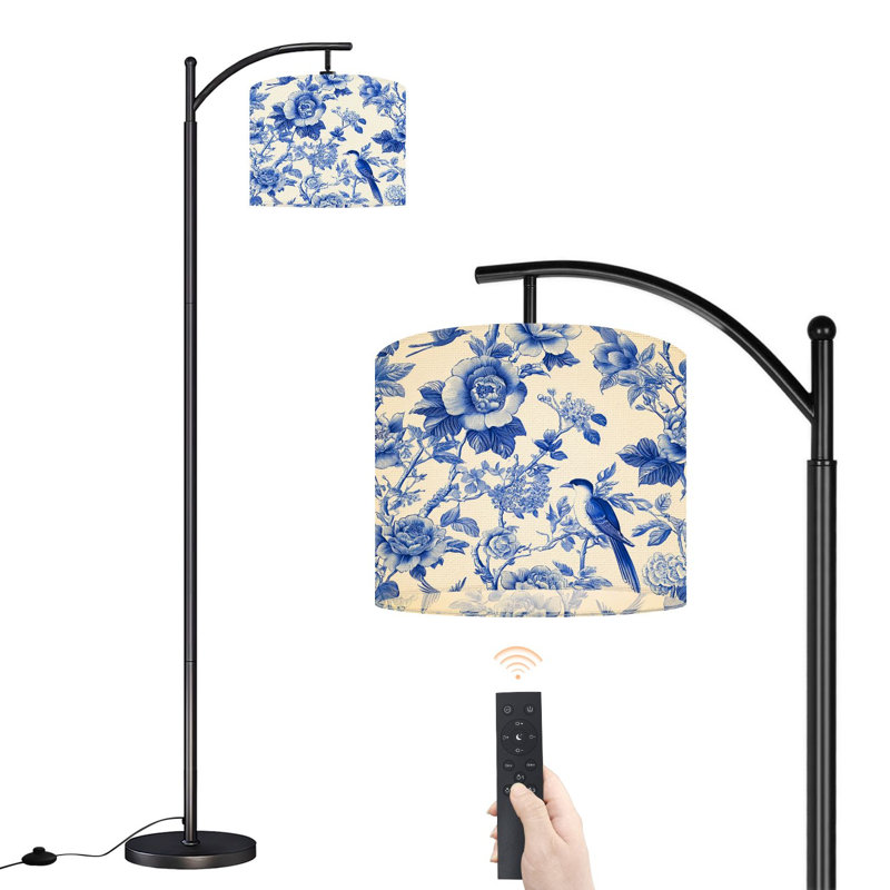 Lampe sur pied à arc avec abat-jour ajustable Lampe sur pied pivoines à motif floral bleu et blanc avec 3 températures de couleur et gradateur haut avec interrupteur au pied pour la chambre à coucher