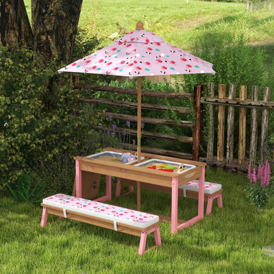 Kids Picnic Table, Wooden Outdoor Table and Bench Set w/ Umbrella Pink