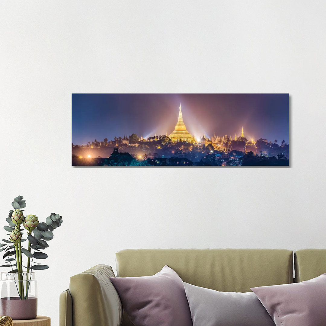 View Of The Golden Shwedagon Pagoda In Yangon At Night, Myanmar by Jan Becke - Wrapped Canvas Panoramic Print