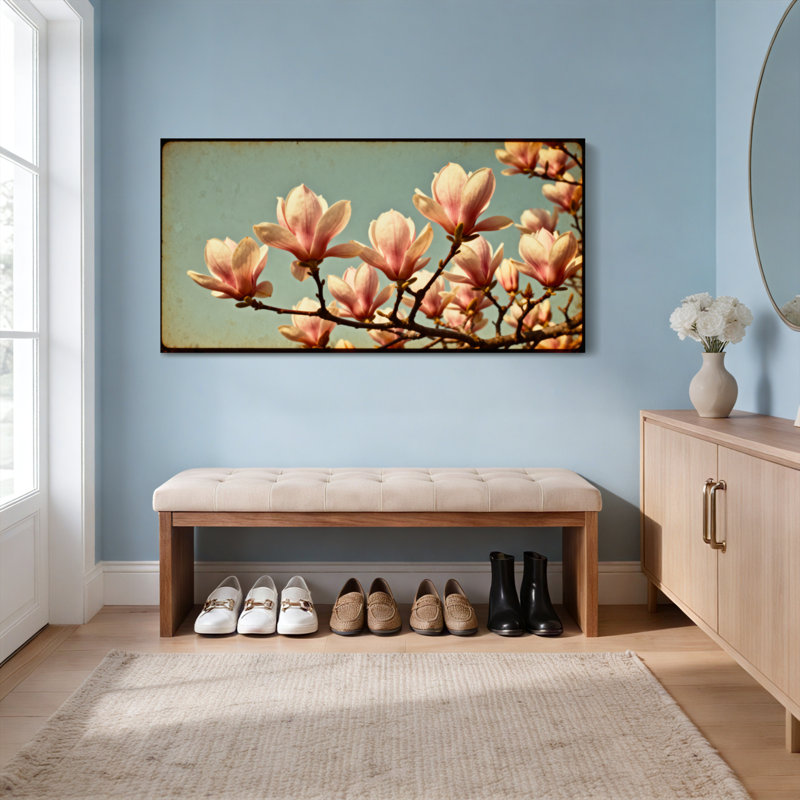 Ensemble de 1 tableau sur toile tendue avec fleurs de magnolia rose, H 20 po x l 40 po