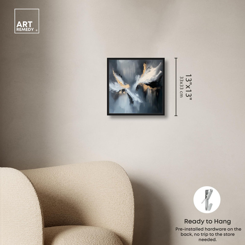 «Art Remedy», toile abstraite grise, naissance d'un ange, H 13 po x l 13 po, Cadre flottant noir