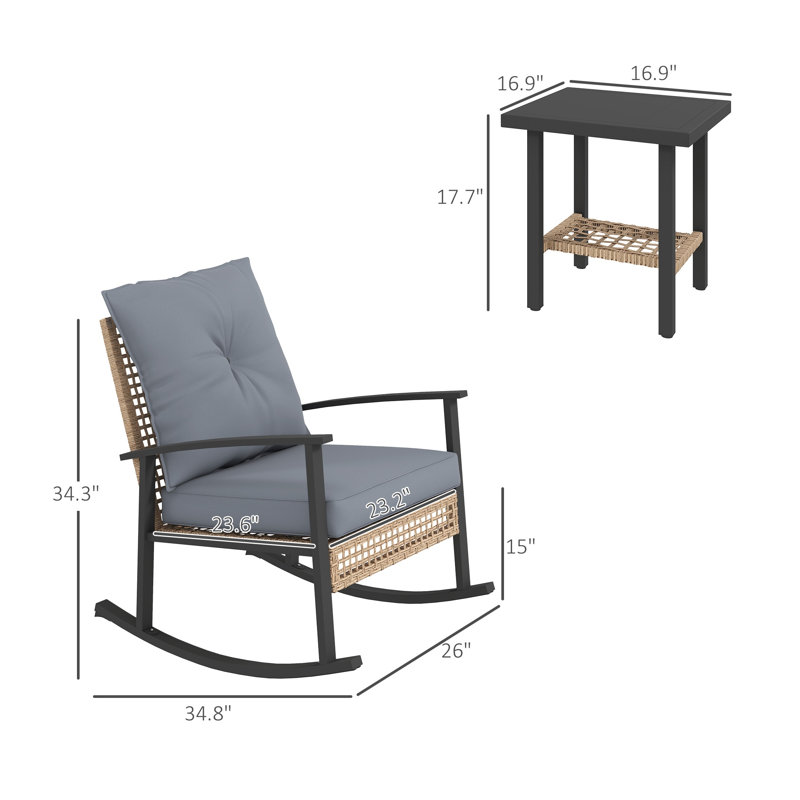 Ensemble de meubles de patio gris 3 pièces avec coussins capitonnés et deux chaises berçantes en rotin