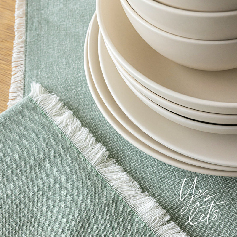 over&back Woven Frayed Chambray Table Runner, Green, 18" W x 108" L