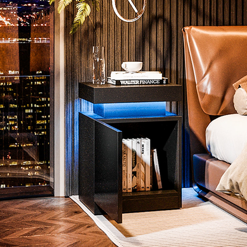 Black High Gloss LED Nightstand Set with Cabinet