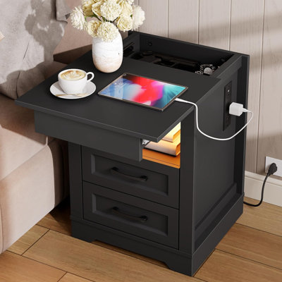  17.7" Farmhouse Nightstand with Gun Drawer, End Table with LED Light & Charging Station