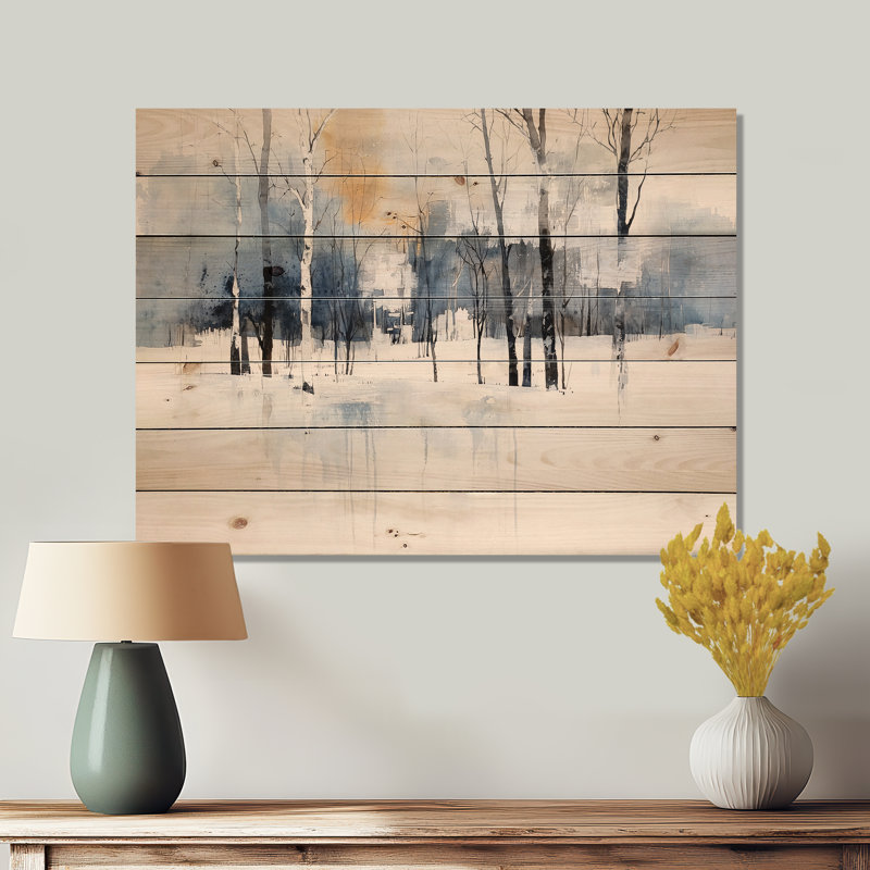 «Snow Road By The Forest II», paysage d'hiver sur bois de pin naturel, H 30 po x l 40 po