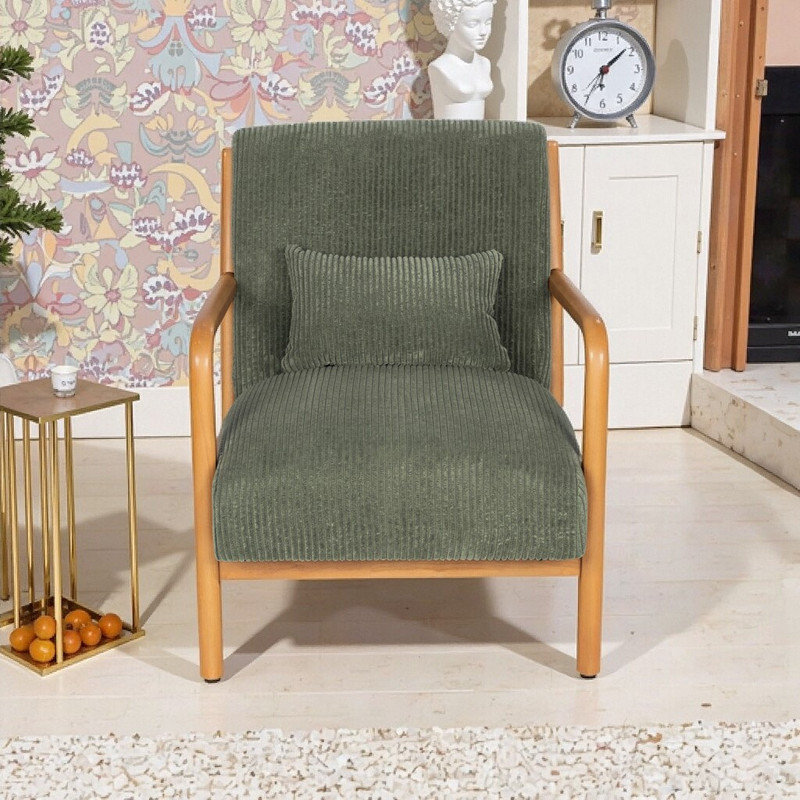 Fauteuil d'appoint compact en velours côtelé avec coussin amovible, assise rembourrée et structure à profil bas, Vert