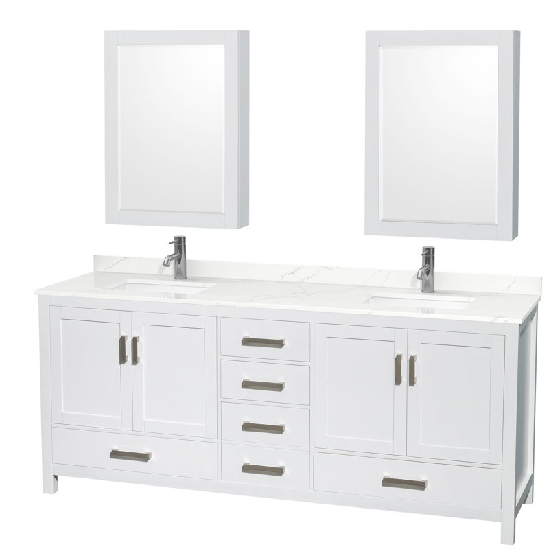 Sheffield 80" Freestanding Double Bathroom Vanity with Quartz Top with Medicine Cabinets, White, Giotto Quartz