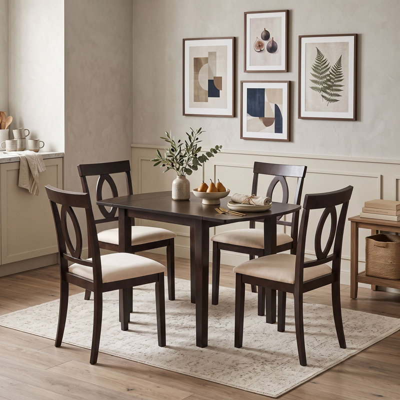 Ensemble de salle à manger 5 pièces avec table à abattants en bois et 4 chaises rembourrées, Dark Brown