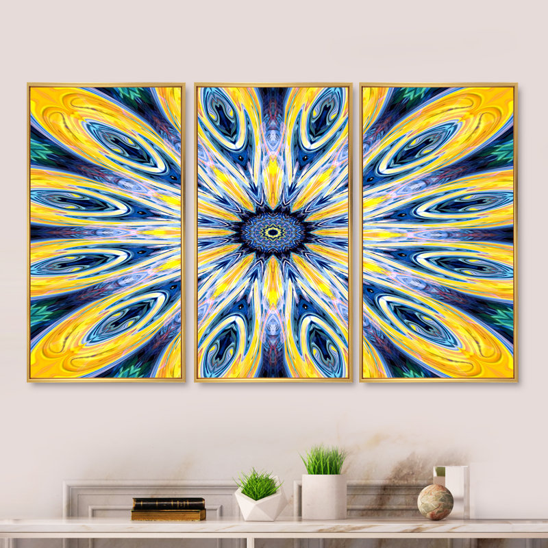 «Yellow and Blue Fractal Flower», reproduction de cadre flottant sur toile 3 pièces, H 28 po x l 36 po x P 1 po, Cadre blanc
