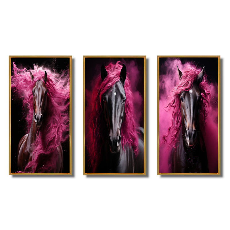 «Black Pink Horse Vibrant Equine», 3 pièces sur toile, Encadrement doré, H 20 po x l 36 po