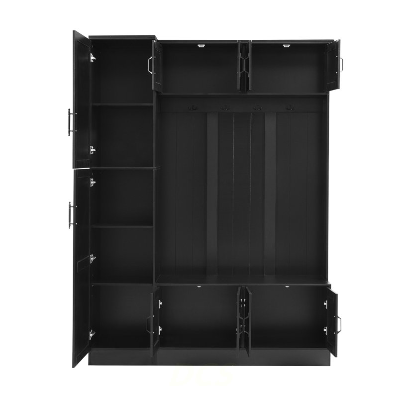 VIBE HAUS 79'' Tall Modern Hall Tree With Shoe Storage, 4-In-1 Entryway Bench With 6 Cabinets, 4 Coat Hooks & Adjustable Shelf For Hallway, Living Room, Black, Shoe Storage
