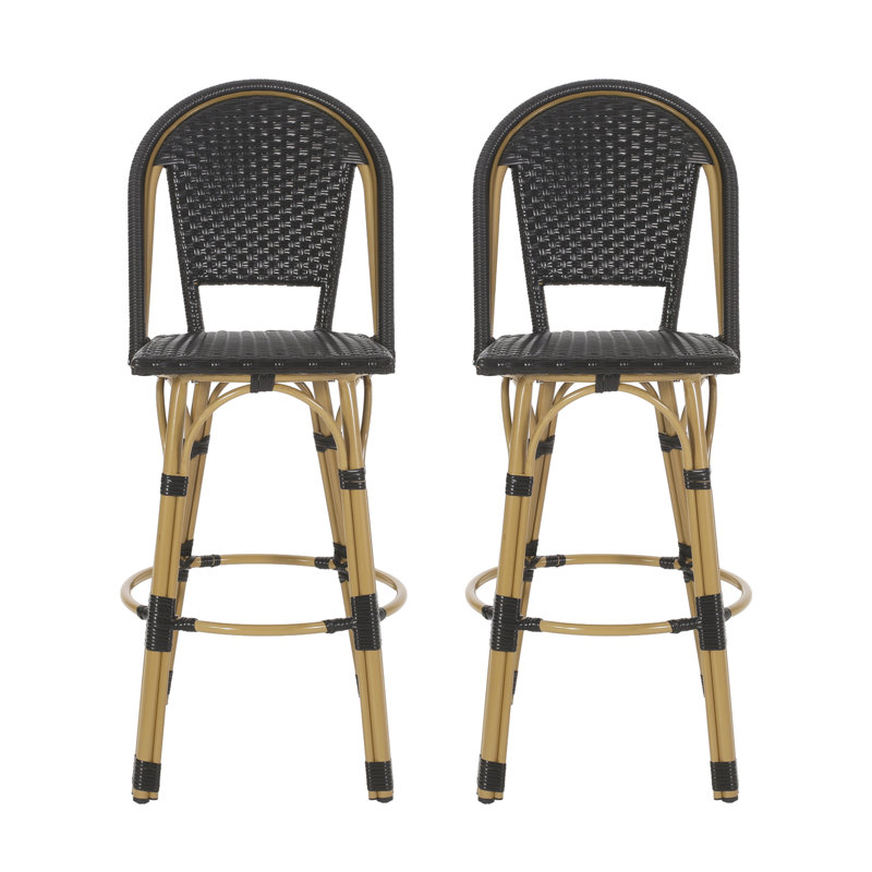 Tabourets de bar d'extérieur en rotin PE et aluminium, ensemble de 2, Noir