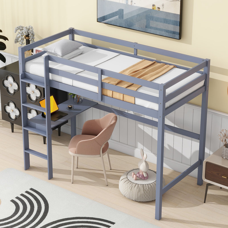 Lit simple mezzanine haut, lit mezzanine en bois d'hévéa avec barrière de sécurité, bureau intégré, échelle, gris, Gris