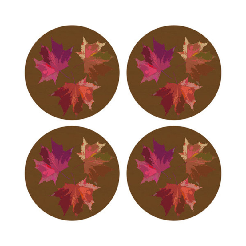Autumn Leaves Rust Vegan Leather Round Coasters, Brown