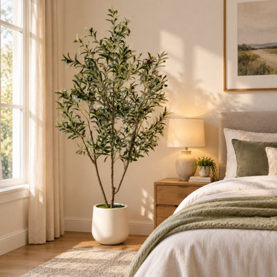 Arbre de 6 pi d'olivier artificiel, faux olivier réaliste avec des fruits dans un pot à fleurs blanc, décor d'intérieur méditerranéen pour la maison