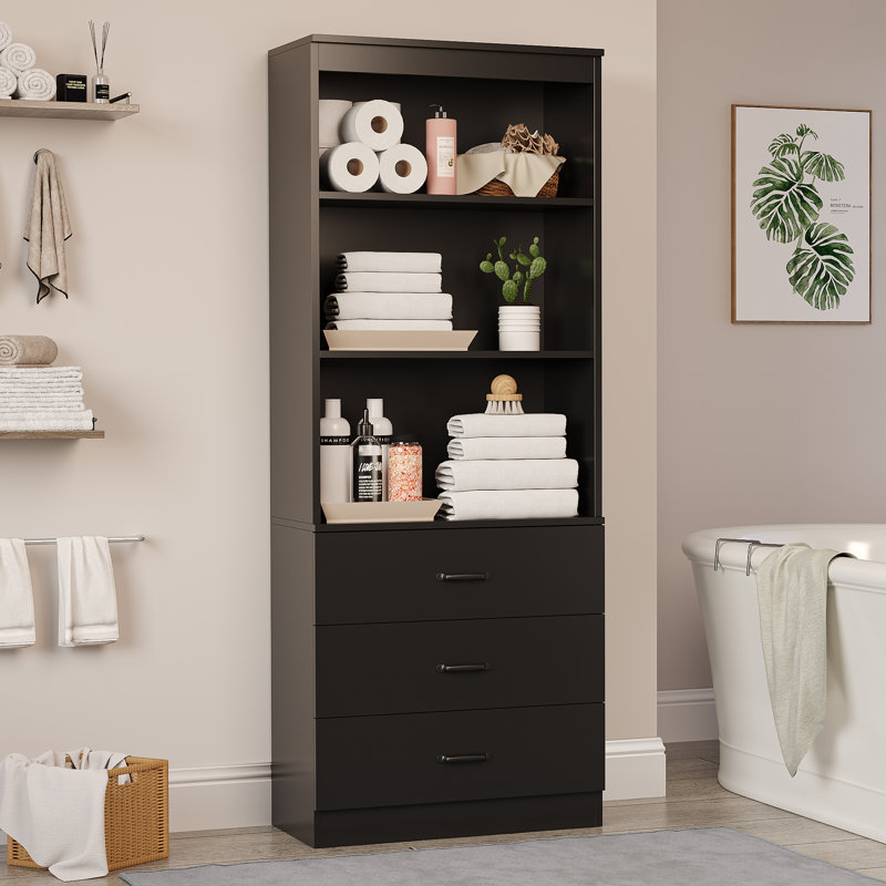 Bibliothèque standard de 69 po de hauteur avec 3 tiroirs et 3 tablettes ouvertes, armoire de rangement pour bureau personnel