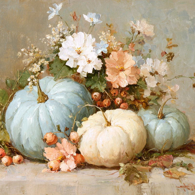 «Pastel Pumpkins and Blossoms», art mural sur toile tendue, H 20 po x l 20 po