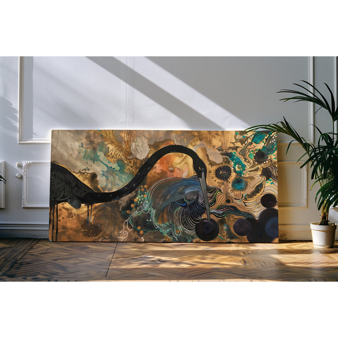 Wandbild 120x60cm Schwarzer Kranich asiatisches Kunstwerk Kunstvoll