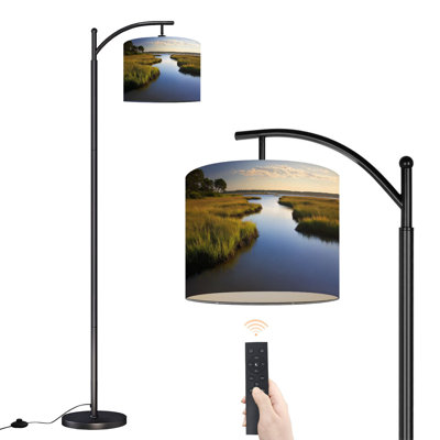 Arc Floor Lamp with Adjustable Lampshade Coastal Salt Marsh Sunrise Standing Lamp 3 Colour Temperatures Dimmable Tall Pole Lamp with Foot Switch for Bedroom