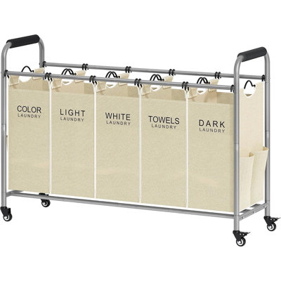 Five Section Rolling Laundry Sorter with Wheels, Large Clothes Hamper with Removable Bags, Laundry Organizer, Beige